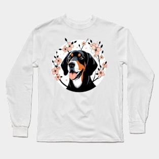 Black and Tan Coonhound Enjoys Spring Cherry Blossoms Long Sleeve T-Shirt